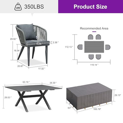 PURPLE LEAF 7 Pieces Patio Dining Set with Waterproof Furniture Cover Rectangular Table and Chairs Set for Garden Deck Aluminum Frame Backyard Kitchen Set, Cushions and Pillows Included Grey - color: Grey, size: 7 Pcs, style: with Furniture Cover