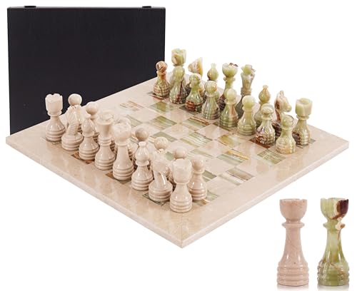 Marble Chess Set 15 Inch Verona and Green Handmade Board Game with Storage Box, Classic Travel Chess Set for Adults with Pieces & 2 Extra Queens, Elegant Gift & Home Décor - color: Verona & Green Onyx
