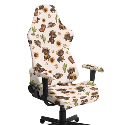 Suobstales Dachshund Paw Sunflower Cactus Cowboy Pattern Gaming Chair Cover, Stretchy 4pc/Set Ergonomic Office Computer Game Chair Slipcovers with Armrest Covers/Back Covers/Seat Cover - color: Dachshund Paw Sunflower Cactus Cowboy