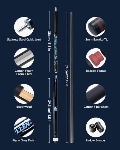 KONLLEN Heavy Hitter Carbon Fiber Jump Break Cue, 3-Piece 58" Pool Cue for Break and Jump Shots, 13mm Phenolic Tip, Uni-Loc Joint, 19–20oz - color: Black-set1