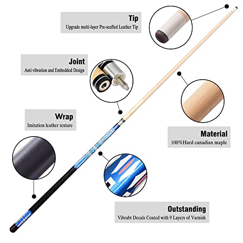 Set of 2 Pool Cue Stick,58" 2 Piece Maple Billiard Cue Stick - color: Blue