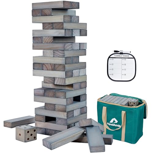 ApudArmis 54 PCS Tumble Timber Set Up to 3.2FT, Pine Wooden Tumble Tower Game with Dice and Scoreboard Set - Classic Block Stacking Board Game for Adults Teenagers (Gray) - color: Gray, size: M-Stack to 3.2 FT