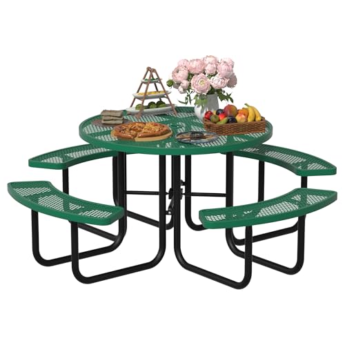 All-Weather Round Outdoor Picnic Table, Commercial Picnic Table Bench Set with Umbrella Hole, Thermoplastic Coated Metal Dining Tables for School, Stores, Park, Patio, Yard, Green - color: Green