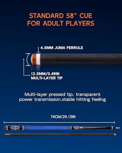 KONLLEN Carbon Fiber Pool Cue 2.0, 58-inch Low Deflection Billiard Stick for Adults with 12.5mm Tip and Pro Taper - color: 004 AK-04F 2.0 set-blue