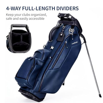 Luxury Faux Leather Golf Stand Bag, 4-Way Full-Length Divider Golf Bag with Carbon Fiber Stand, Cooler Pocket, Ergonomic Straps, Magnetic Pocket, Golf Club Bag with Rain Hood for Men/Women - color: Navy