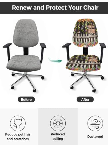 Savannan Office Chair Cover, Autumn Pumpkin Flower Leaf Protective Stretch Elastic Universal Cover for Desk Task Chair,Computer Rotating Chair 1 Pcs Rustic Farmhouse Bird Brown Wood