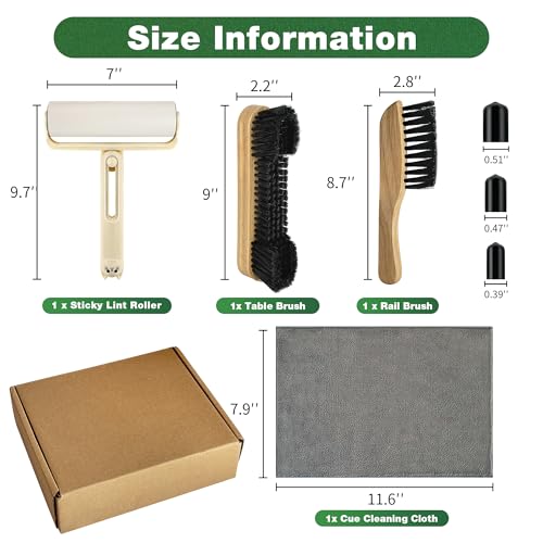 Pool Table Brush Accessories 10 Set，Billiards Pool Table Brush Cleaning Kit with 2 Wooden Brushes, Pool Cue Stick Cleaning Cloth, Billiards Cue Head Protective Sheath, Sticky Lint Roller