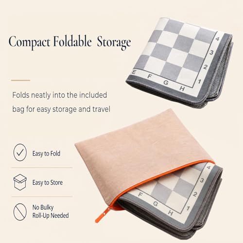 Portable Chess Mat Set for Kids & Beginners – 14.6” x 14.6” Foldable Chess Board with Pieces & Storage Bag | Soft Fabric Chess Mat with Coordinates | Travel-Friendly Indoor Chess Game