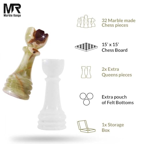 Marble Chess Set 15" Inches White and Green with Storage Box and 2 Extra Queen Handmade Classic Board Games for Adults, Luxury Marble Chess Board & Chess Pieces for Gifts - color: W/Greenonyx