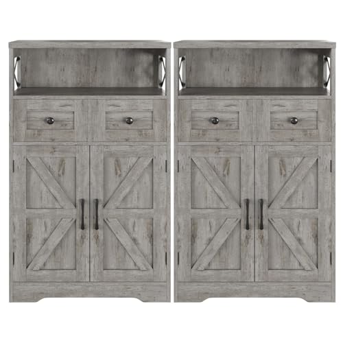 Befrases Set of 2 Farmhouse Storage Cabinet with Drawers and Adjustable Shelves, Freestanding Kitchen Pantry Storage Cabinet, Floor Storage Cupboard for Dining Living Room Home Office, Washed Grey - color: Antique Washed Grey, size: 2 Pack