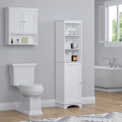 Spirich Tall Narrow Bathroom Storage Cabinet, Slim Linen Tower Cabinet | 3 Open shelves and Adjustable Interior Shelf, Space-saving, Freestanding, Engineered Wood, White, Perfect for Tight Corners