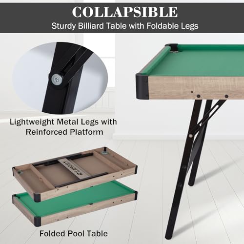 Folding Pool Table, Portable Billiard Game Tables for Kids and Adults, Mini Pool Table with Locking Legs, Adjustable Feet, Balls, Cues, Triangle, Chalk, Brush - color: 54-inch/Green