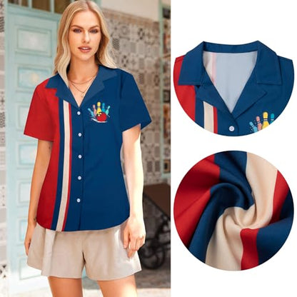 Bowling Shirts Women Hawaiian Bowling Shirt Bowling Lover Gift Tops Bowler Button Down Short Sleeve Tee - color: Blue-1, size: XX-Large