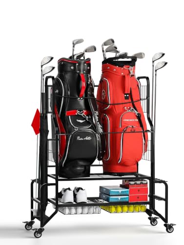 Golf Bag Storage Garage Organizer Golf Bag Stand Fits 2 Bags Extra Clubs Balls Shoes Golf Equipment Accessories Golf Storage Rack for Garage Club Shed