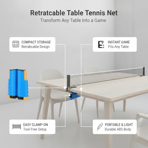 Retractable Table Tennis Net and Post Set, Clamp-On Ping Pong Net for Flat Surfaces, Portable ABS Plastic Game Accessory - color: Blue