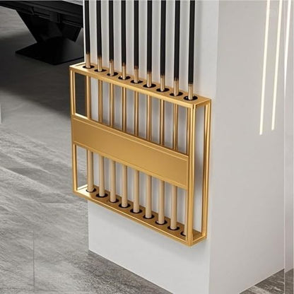 Wall Mounted Pool Cue Rack, Metal Billiard Cue Holder for 9 Sticks, Double Layer U-Shaped Slots, Space-Saving Pool Stick Wall Rack for Play Room, Club, Bar, Office Gym (Gold) - color: Gold