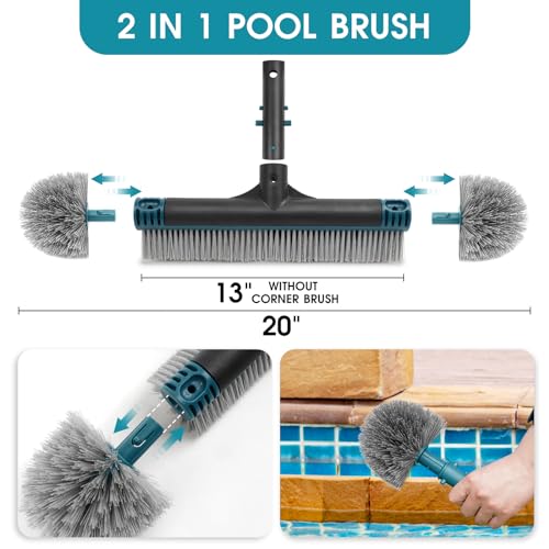 20'' Pool Brush Head, Detachable Pool Cleaning Brush with Durable Around Nylon Bristles, EZ Clip Aluminum Handle- Clean Swimming Pools Walls, Steps & Corners Faster - size: 20" Detachable Pool Brush