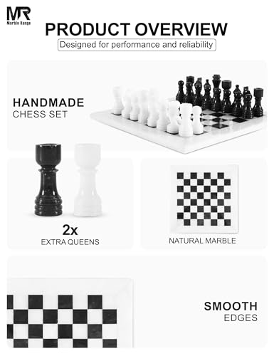 Marble Chess Set 12" Inches White and Black with Storage Box and 2 Extra Queen Handmade Classic Board Games for Adults, Luxury Chess Board & Marble Chess Set for Adults - color: White & Black