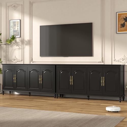 Hlivelood 65" Buffet Cabinet with Storage, Mid Century Modern Sideboard with Adjustable Shelves, Paint Cabinet, Wood Carving Design, Brass Carved Handles & Solid Wood Gourd Legs, Classic Black - color: Classic Black