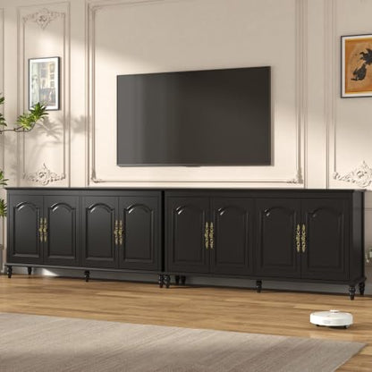 Hlivelood 65" Buffet Cabinet with Storage, Mid Century Modern Sideboard with Adjustable Shelves, Paint Cabinet, Wood Carving Design, Brass Carved Handles & Solid Wood Gourd Legs, Classic Black - color: Classic Black