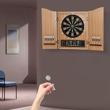 Dart Board Cabinet Set, 27 Different Games, 243 Game Variations, up to 16 Players, Electronic Dart Machine with 12 Darts, for Game Rooms Man Caves Offices - size: Yellow