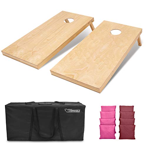 GoSports Regulation Size Wooden Cornhole Set with Natural Wood Finish - Includes Carrying Case - color: Burgundy & Pink