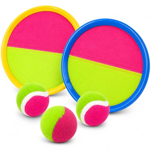 Liberty Imports Toss and Catch Game Set for Kids, 2 Self Stick Paddles, 2 Catch Balls & Bonus Soft Bean Bag Ball, Outdoor Beach Toys, Backyard Games, Family Lawn Game for Boys and Girls