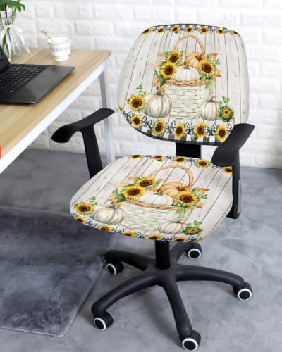 Savannan Office Chair Cover, Rustic Pastoral Sunflower Pumpkin Protective Stretch Elastic Universal Cover for Desk Task Chair,Computer Rotating Chair 1 Pcs Buffalo Plaid Bow White Wood
