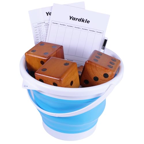 SpeedArmis 3.5" Giant Wooden Yard Dice Set - Large Lawn Yatzee with Scoreboard - Outdoor Beach Backyard Games for Adults Family (Including Collapsible Bucket)