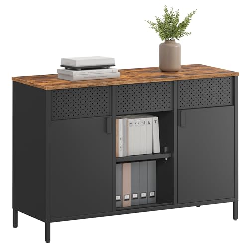 SONGMICS Storage Cabinet, Metal Cabinet, Sideboard with 2 Doors, 15.7 x 43.3 x 29.9 Inches, Magnetic Closure, Adjustable Shelves, Steel Frame, Rustic Brown and Matte Black ULSC204B01 - color: Rustic Brown + Black, size: 43.3"W, style: 1 pack