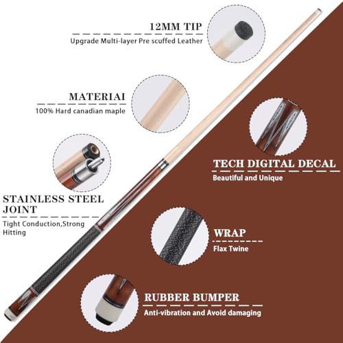 10mm11mm12mm13mm Billiard Pool Cue Stick Set, 20 oz 58 inch Canadian Maple Cue Stick Irish Linen Wrap, Cue Stick for Beginner, Commercial and Home Entertainment - color: 12mm Brown with case