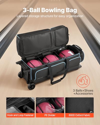VEVOR Bowling Ball Bag, 3 Ball Double Roller Bowling Bag with Wheels, Featuring a Separate Compartment for Shoes (Up To US Size 16) & Oversized Accessory Pocket, Retractable Handle Extends to 41.34 in - style: Black-blue