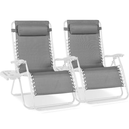 Best Choice Products Set of 2 Extra Wide Adjustable Steel Mesh Zero Gravity Lounge Chair Recliners w/Pillows and Cup Holder Trays - Ice Gray/White - color: Ice Gray/White, size: Oversized Extra Wide