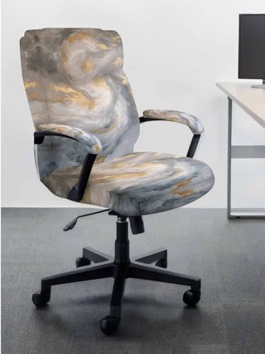 Abstact Marble Texture Office Chair Cover with Armrest Covers, Grey Brown Gold Gradient Art Universal Stretch Desk Rotating Chair Slipcovers, Removable Seat Protector with Zipper, M - color: Grey, size: Medium & 2PCS Armrest Covers