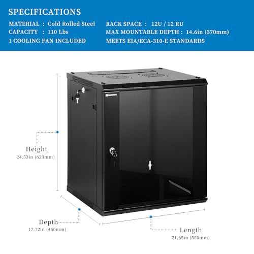 RackPath 12U Wall Mount Network Rack Cabinet – Quiet Cooling Fan, Locking Glass Door, 17.7" Deep (450mm), Removable Locking Side Panels, Fits 19" IT & A/V Equipment - size: 12U