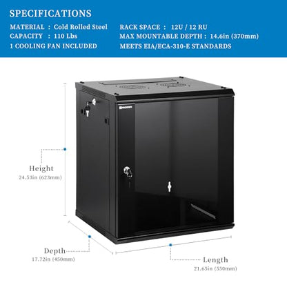 RackPath 12U Wall Mount Network Rack Cabinet – Quiet Cooling Fan, Locking Glass Door, 17.7" Deep (450mm), Removable Locking Side Panels, Fits 19" IT & A/V Equipment - size: 12U