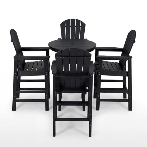 Patio Bar Tables Set of 3, HDPE Outdoor High Top Table and Chairs Set Height Table Chairs Adirondack Bar Set for Garden, Backyard, Yard, Pool, Balcony, Black - color: Ø31.1" Bar Set of 3, Black