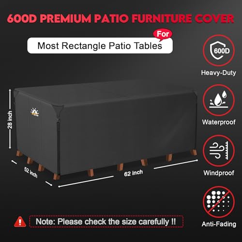 Zettum Patio Furniture Cover Rectangle - 62 Inch Outdoor Table Cover Waterproof & Heavy Duty, 600D Lawn Furniture Set Covers for Outside Rectangular Dining Table and Chairs Combo - 62 x 52 x 28 Inch - size: 3) Rectangle - 62" x 52"