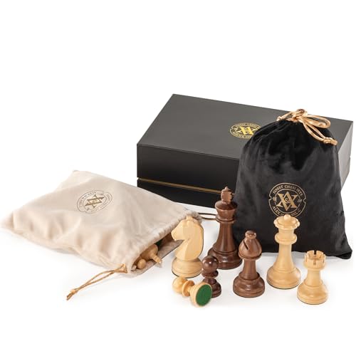 A&A Premium Triple Weighted Staunton Wooden Chess Pieces w/ 2 Extra Queen - King Height 3.75"/9.5cm / 2 Storage Bags - Natural Walnut Wood
