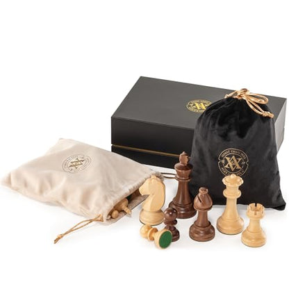 A&A Premium Triple Weighted Staunton Wooden Chess Pieces w/ 2 Extra Queen - King Height 3.75"/9.5cm / 2 Storage Bags - Natural Walnut Wood