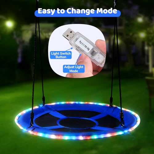 Trekassy 700lbs 40” Saucer Tree Swing with LED Lights for Kids Adults Outdoor 2 Tree Hanging Straps-Blue - color: Blue