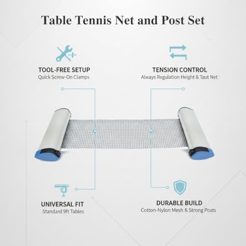 Table Tennis Net and Post Set, Durable Cotton-Nylon Mesh with Screw-On Clamps for Standard 9ft Tables