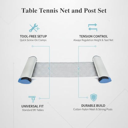 Table Tennis Net and Post Set, Durable Cotton-Nylon Mesh with Screw-On Clamps for Standard 9ft Tables