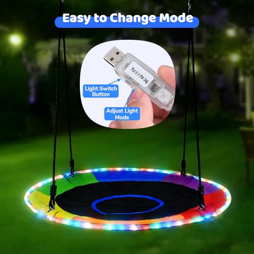 Trekassy 700lbs 40" Saucer Tree Swing for Kids Adults Outdoor with LED Lights, 2 Tree Hanging Straps-Rainbow - color: Rainbow