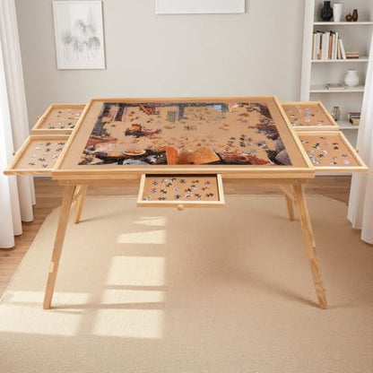 1500 Piece Puzzle Table with Foldable Legs, 34'' W×26'' D×27''H Large Wood Portable Jigsaw Puzzle Board with 4 Drawers, Folding Puzzle Board Game Table for Adults, Nature - size: 34''- Puzzle Table