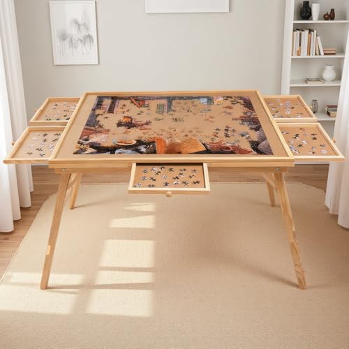 1500 Piece Puzzle Table with Foldable Legs, 34'' W×26'' D×27''H Large Wood Portable Jigsaw Puzzle Board with 4 Drawers, Folding Puzzle Board Game Table for Adults, Nature - size: 34''- Puzzle Table