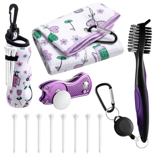 Liliful 12 Pcs Golf Accessories Kit, Include Golf Ball Bag with Hook Towel Tees Magnetic Ball Marker Divot Tool Cleaner Brush for Women Man Gifts - color: Purple, style: Floral