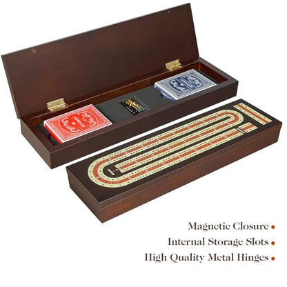 BIVOMON Cribbage Board Game Set Continuous 3 Track Wooden Board with Magnetic Lock, 9 Metal Pegs, 2 Playing Cards, Large Storage Area, Travel Portable Travel Cribbage Boards for Adult Child