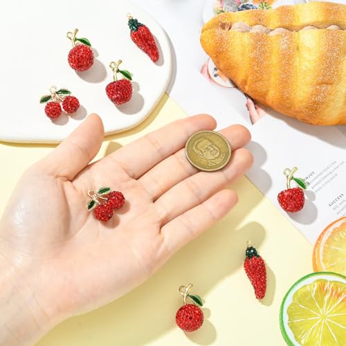 Stiesy Polymer Clay Rhinestone Fruit Charms 8Pcs, 4 Styles Golden Tone Red Crystal Beads Charms, 3D Cherry Apple Chili Pepper Pendants for Jewelry Making, DIY Bracelet Necklace Crafts - color: Red Fruit-4 Styles-8pcs