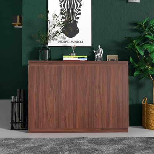 holzart 43" Walnut Brown Buffet Cabinet Sideboard with Storage - Modern 3-Door Wood Grain Kitchen Cupboard & Coffee Bar Station for Dining Room, Living Room - Adjustable Shelf, 43.3" W x 31.5" H - color: Brown